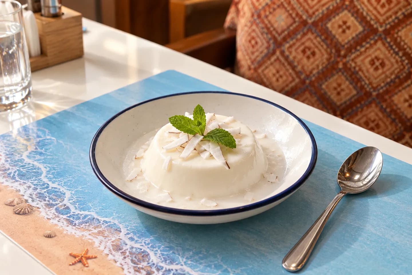 Silky coconut pudding with tender coconut and mint on a Sea Swad table.