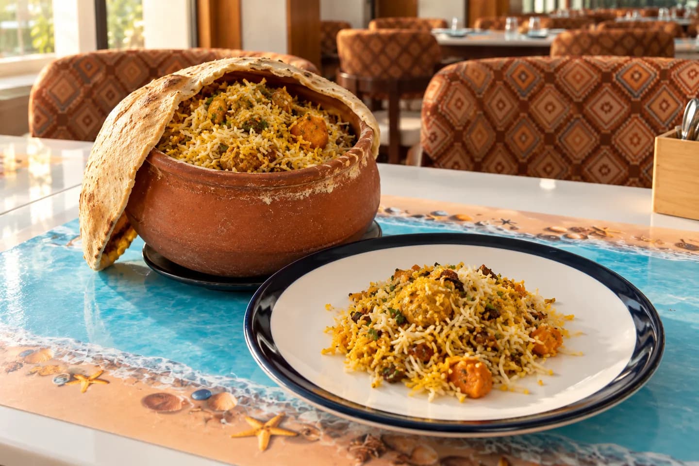 Bread-sealed clay-pot biryani with fluffy golden rice, inspired by the actual Sea Swad service.