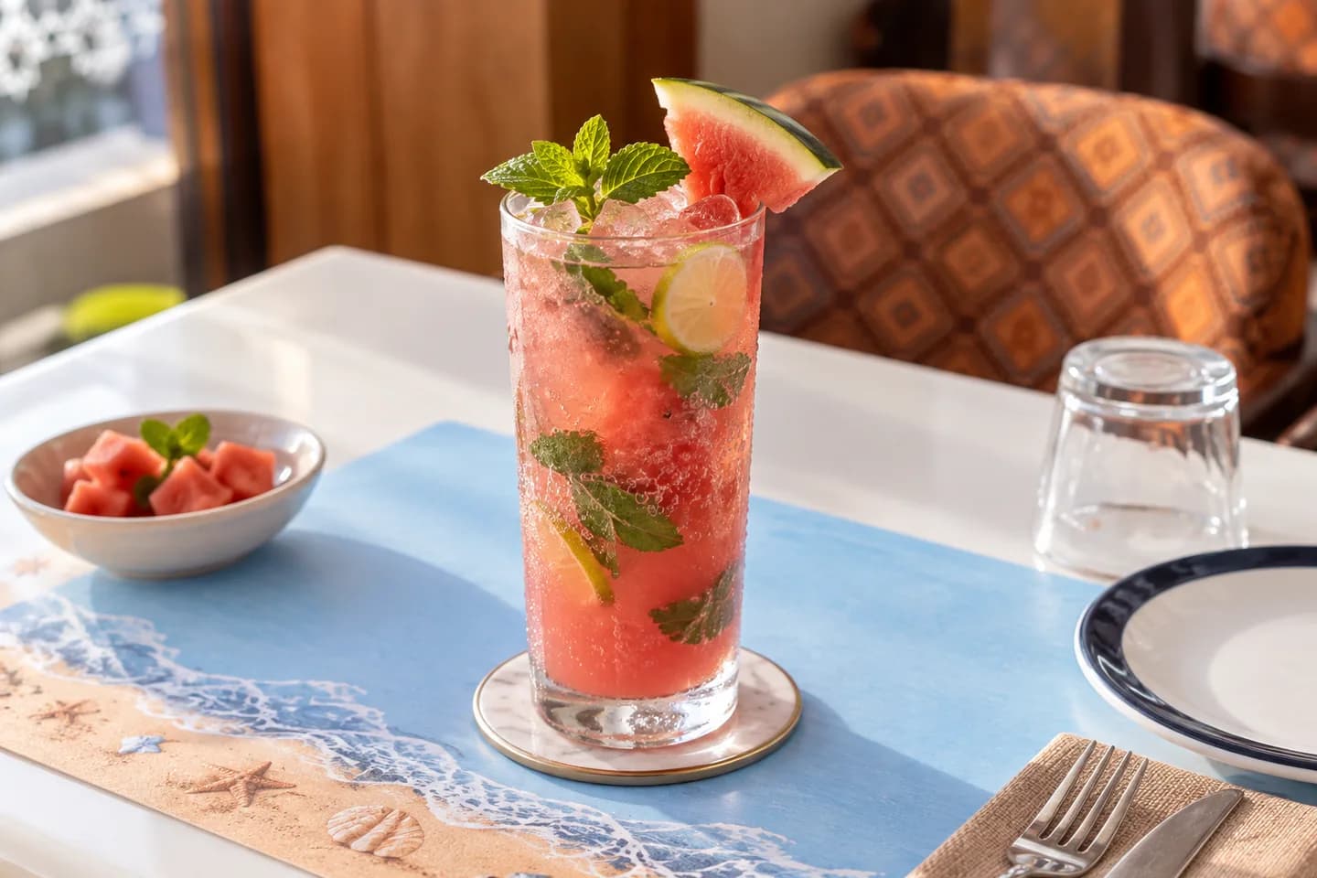 A chilled watermelon mojito with fresh mint, lemon and natural condensation.