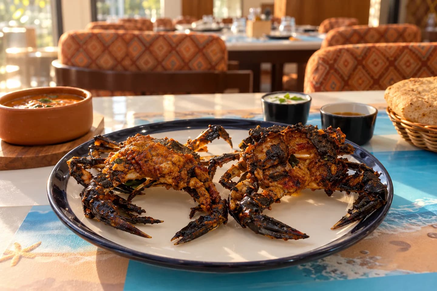 Two spiced whole crabs with naturally dark glossy shells, plated from the actual Sea Swad video reference.