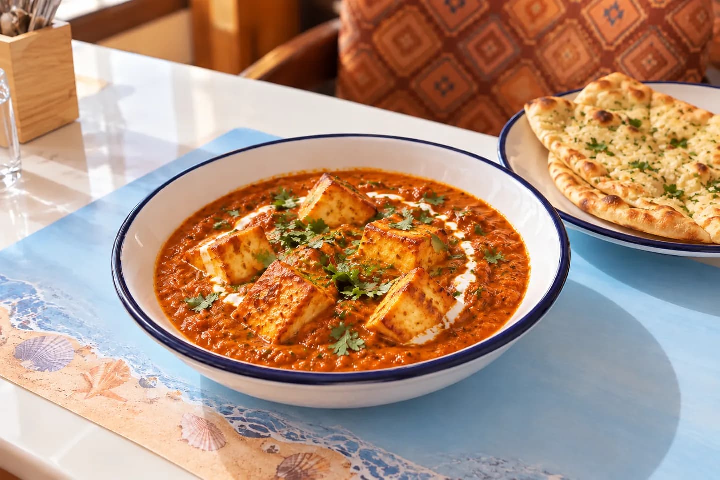 Paneer tikka masala with garlic naan in soft afternoon light.
