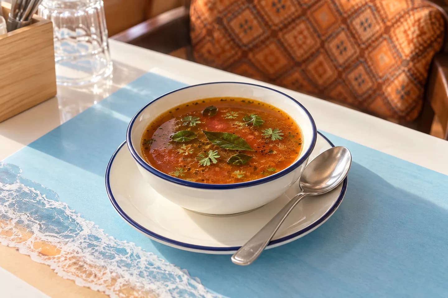 Thakkali rasam with curry leaves and mustard seeds in a navy-rimmed bowl.