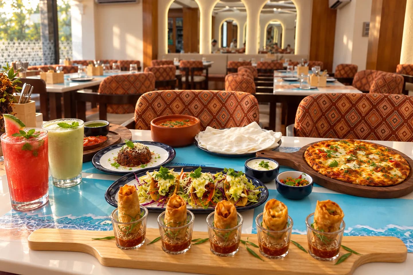 A table of Sea Swad dishes, recreated from the restaurant’s actual plated service in natural daylight.