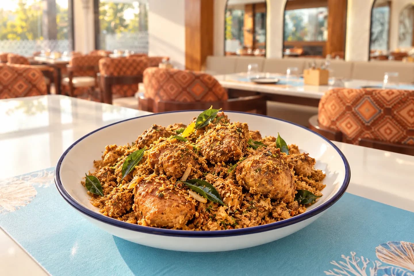 Chicken sukka with light golden toasted coconut and curry leaves at Sea Swad.
