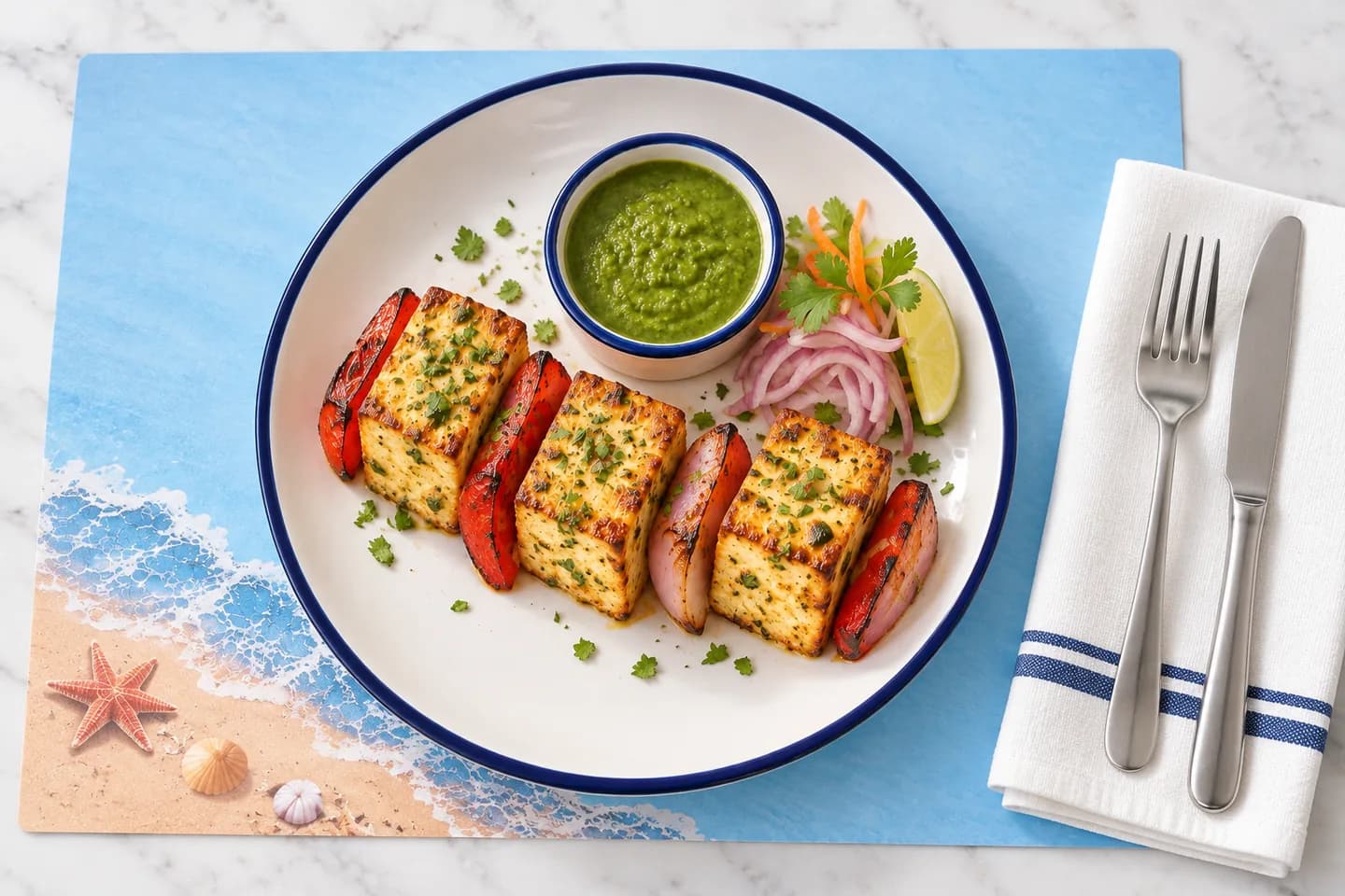 An overhead view of golden paneer tikka with peppers, mint chutney and lime on a navy-rimmed plate.