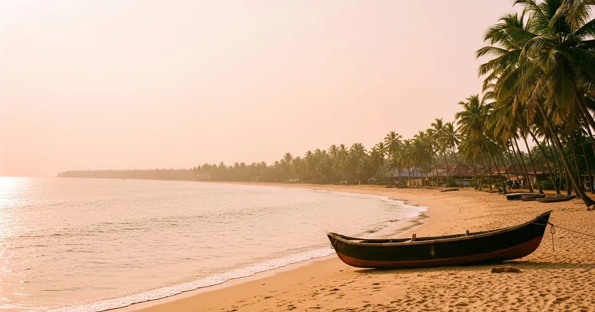 A wooden fishing boat drawn up on golden sand under palms, on the coast at Padubidri