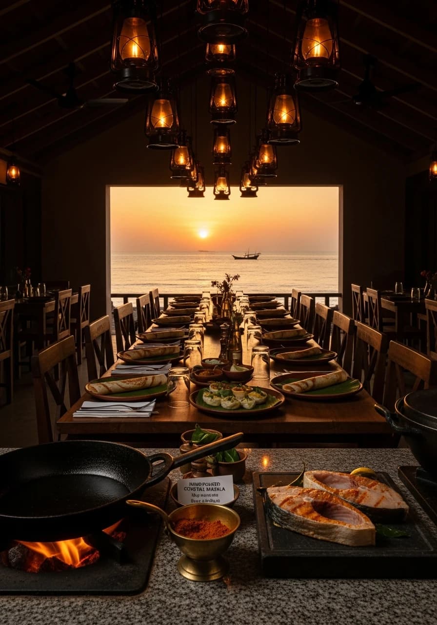 Kadal at golden hour — open kitchen, oil lamps, communal table set facing the Arabian Sea.