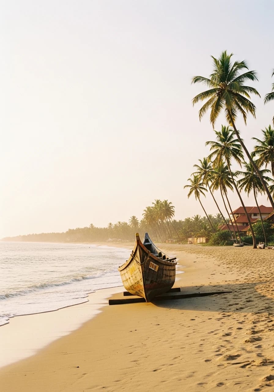 A bright sunlit photograph of the Mulki coast at golden hour — gold sand, a turquoise Arabian Sea, swaying coconut palms and a fishing boat in soft warm light.