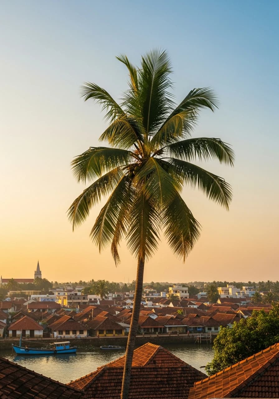 A bright golden-hour photograph of Mangaluru old town — Mangalore-tile rooftops, a coconut palm and a blue fishing boat catching the evening sun.