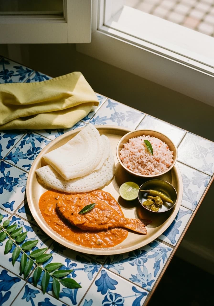 A bright daylight photograph of a brass plate of Mangalorean fish curry with neer dosa, red rice and a slice of lime on a blue-and-white tiled table.