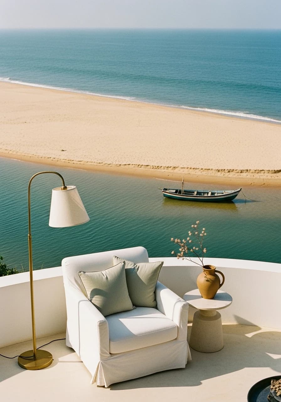 A bright daytime aerial photograph of Sasihithlu beach where the Shambhavi river meets the Arabian Sea, with a wooden fishing boat and pale gold sand.