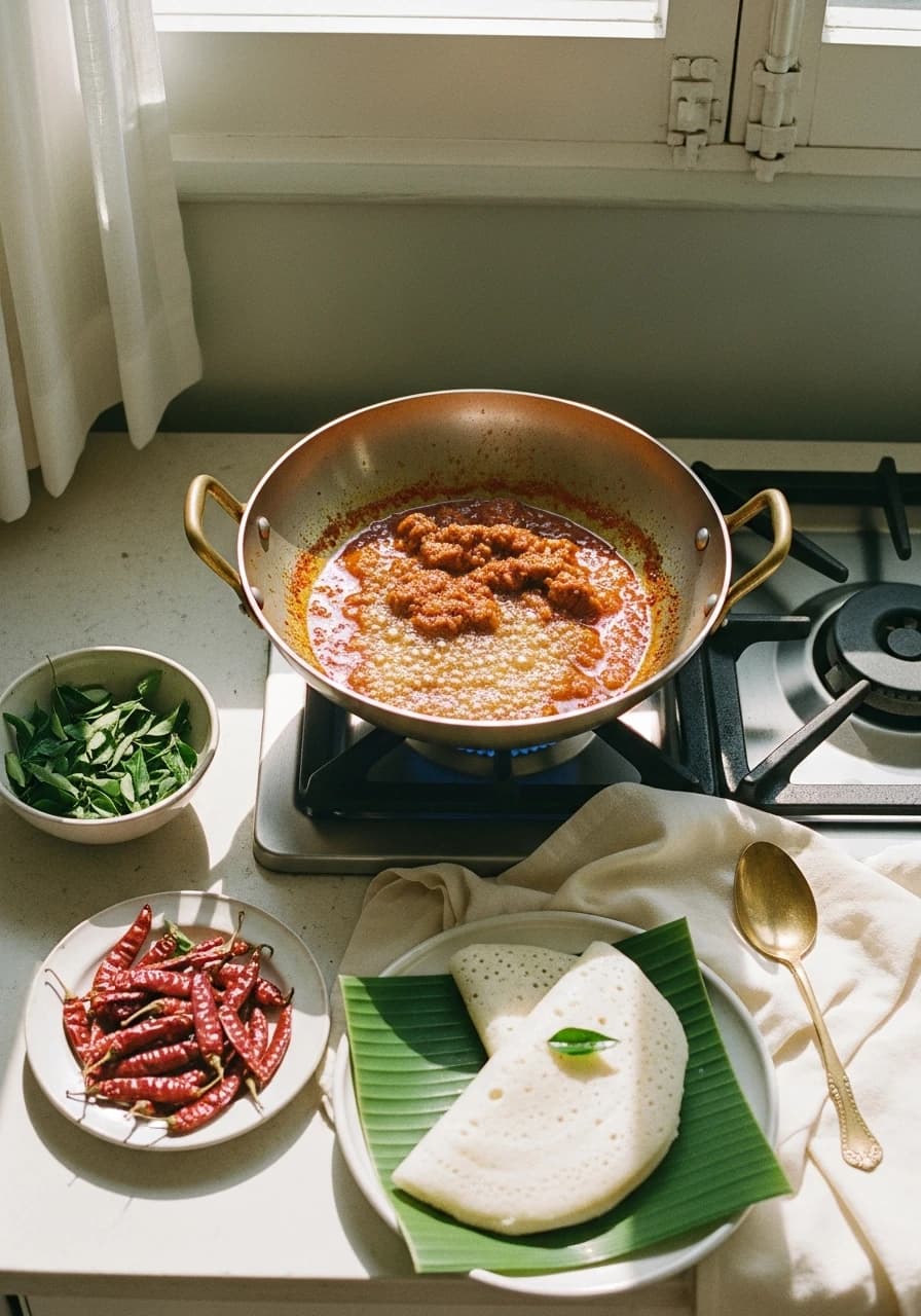 A bright sunlit overhead photograph of Mangalorean mutton ghee roast in a brass kadhai with neer dosa, fresh curry leaves and dried byadgi chillies.