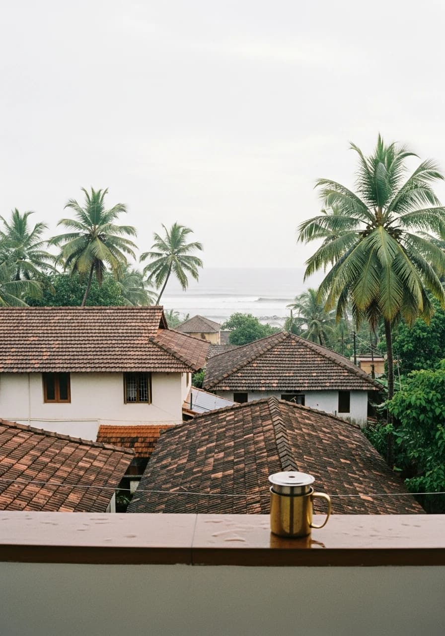 A bright atmospheric photograph of the Arabian Sea coast at Mulki during the monsoon — fresh rain on terracotta tiles, lush green coconut palms, blue-grey sea.