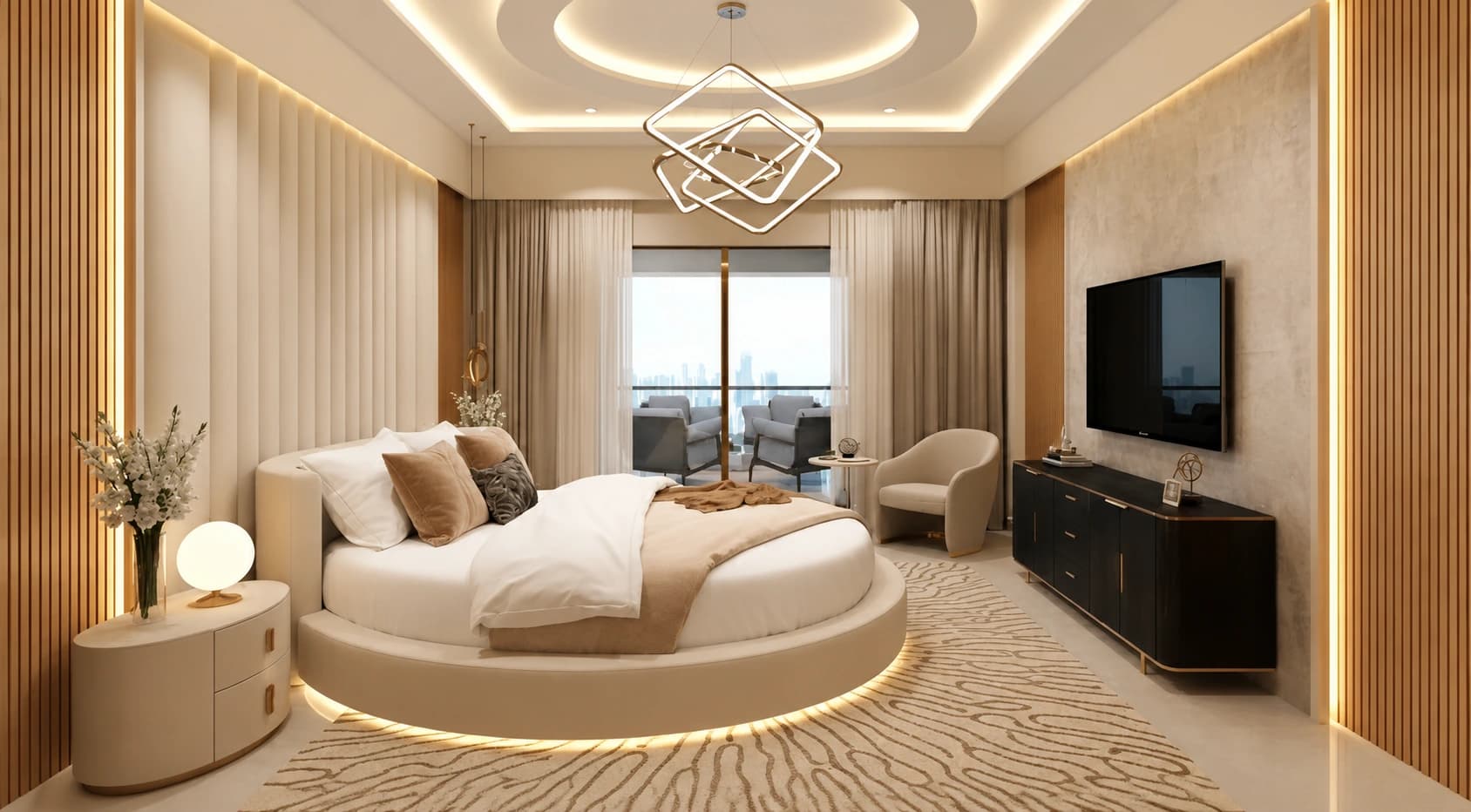 Atelier Round at SeaSwara — a circular bed under a square chandelier