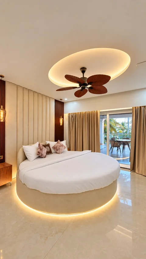 Sea-facing Premium Room at SeaSwara — Round bed, Balcony seating, Warm ambient light